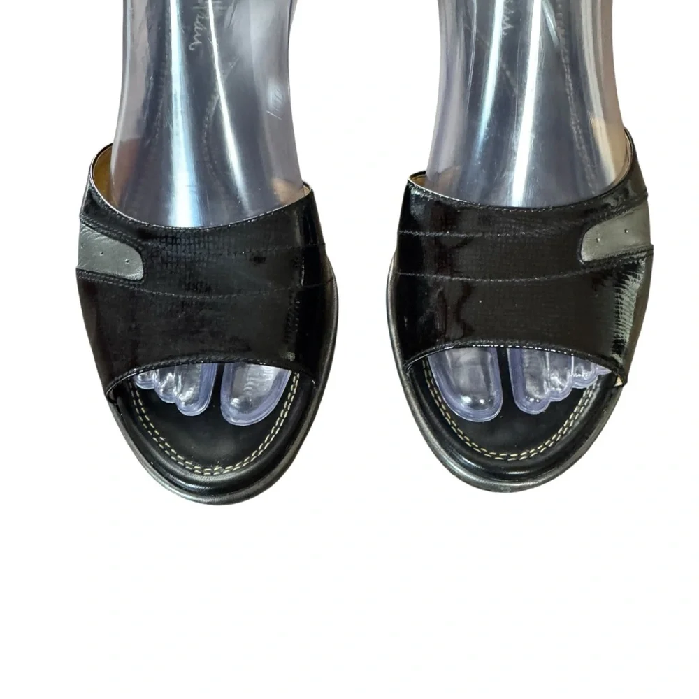 Cole Haan Nike Air Size 8.5 Black/Silver Patent Leather Wedge Slide Sandals